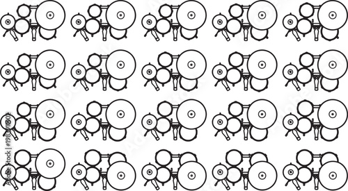 A meticulous and repetitive pattern, showing top-down view of drum sets.