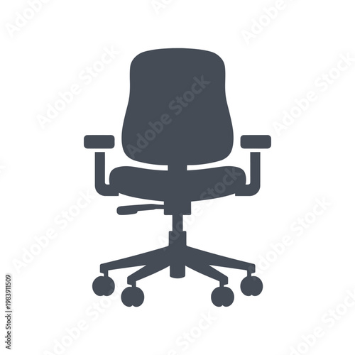 A black silhouette of an ergonomic office chair with wheels on a plain white background