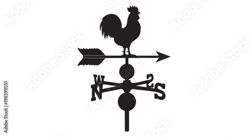 Black rooster weather vane in minimalist style with dark silhouette on white background for rustic home decor