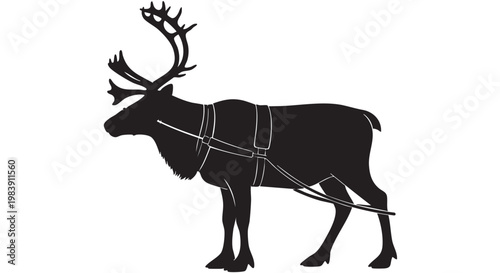 Reindeer in harness silhouette minimalist profile view dark monochrome for Christmas decorations