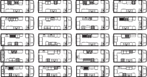 Conceptual layouts of vehicles showcasing interior designs and arrangements, perfect for architectural visualization and design projects. 