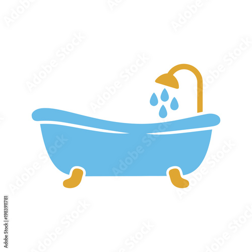 Blue bathtub icon with a gold shower head and blue water drops isolated on a white background.