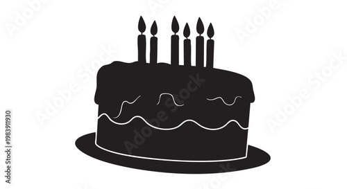 Black birthday cake with lit candles in simple silhouette style on white background for celebration