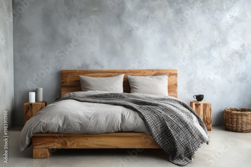 Minimalist wooden bed in a room with textured gray walls.
