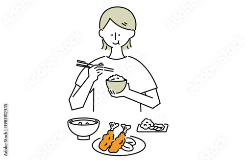 栄養バランスのとれた家庭の食事を楽しむ女性の線画イラスト