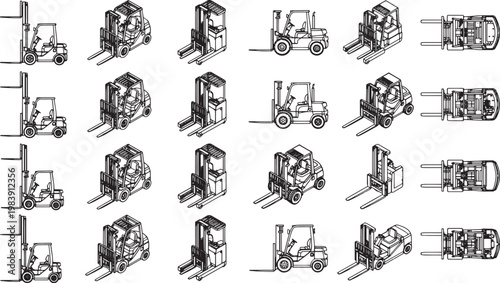 An assortment of industrial forklifts, conveying an image of functionality and precision in a monochromatic arrangement, showcasing various designs and perspectives.