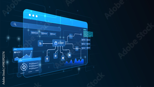 AI workflow automation artificial intelligence. ai agent network diagram dashboard machine learning architecture data pipelines, coding, analytics panels and automation flow system.