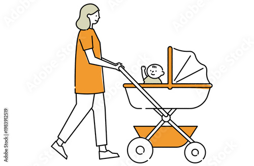 産後ケアや育児をイメージしたお母さんと乳児の線画イラスト