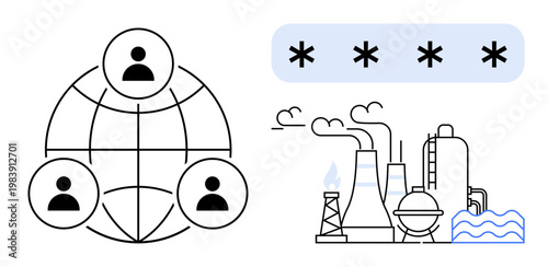 Cybersecurity, data protection, global communication, password access, environmental industry, manufacturing. Network of connected people, industrial plant and password icons. Cybersecurity and data