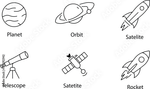 Space exploration icons planets rockets telescopes and satellites in black and white