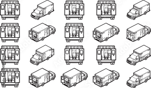 A repetitive pattern of ambulances, each meticulously rendered in an isometric viewpoint, creating a visually stimulating and artistic representation.