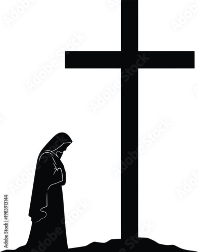 Praying Woman Silhouette beside Large Cross on Hill Isolated on White