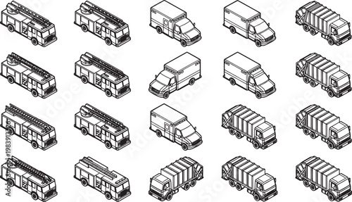 Collection of various service vehicles in an isometric perspective. Depicting a fleet of utility vehicles used for a wide range of services.