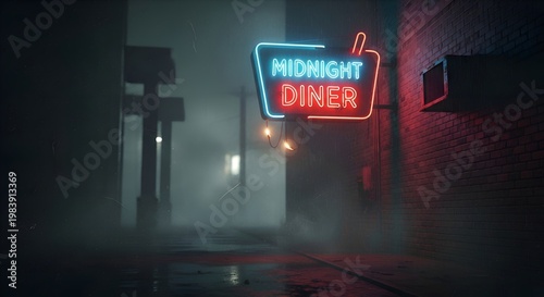 Neon Midnight Diner Sign in Foggy Alleyway at Night