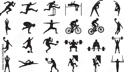 Silhouettes of various athletes engaging in dynamic sports, showcasing diversity and athleticism.