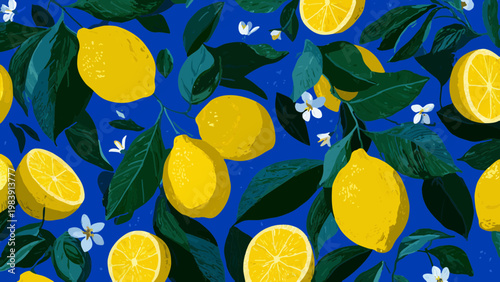 mediterranean lemon citrus fruit pattern with green leaves and white flowers on blue background