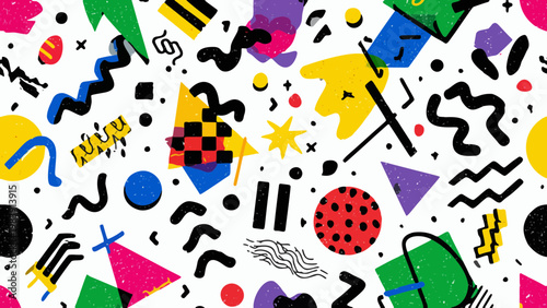 retro memphis pattern with distressed texture and colorful geometric abstract elements