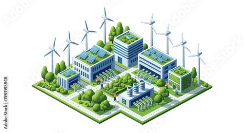 Isometric illustration of a green energy city featuring wind turbines and solar panels on building rooftops, rendered in a bright, optimistic style against a clean white background showing