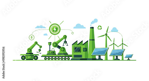 Vector illustration shows an eco-friendly industrial landscape with robotic arms, solar panels, and wind turbines against a clean white background, conveying a mood of sustainability