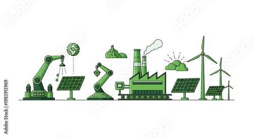 Vector illustration depicting a factory powered by wind and solar energy, showcasing green technology and sustainable industry practices with a clean, minimalist design in a bright