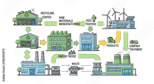 Detailed diagram illustrating the process of recycling and manufacturing, showcasing the flow from recycling centers to energy reuse and waste treatment plants with colorful vector graphics