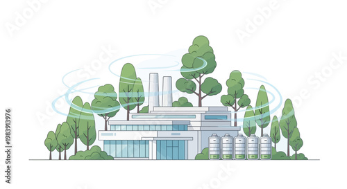 Stylized vector illustration of a factory surrounded by lush green trees, showcasing an environmentally conscious industrial facility with a clean and minimalist aesthetic on a white