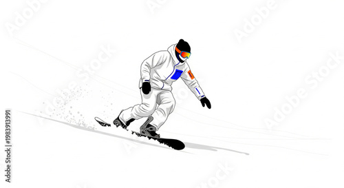 A person in a white snowsuit snowboarding down a snowy mountain slope, kicking up fresh powder.