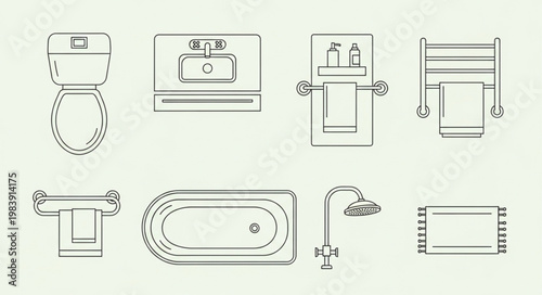 Set of bathroom fixtures and accessories line art icons.
