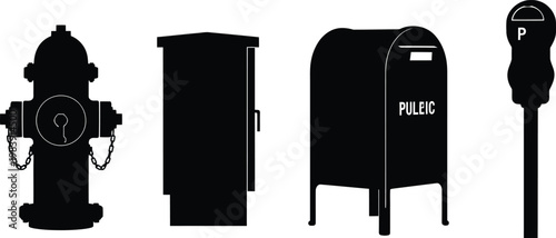 Black Silhouettes of Fire Hydrant, Trash Can, Mailbox and Parking Meter on White