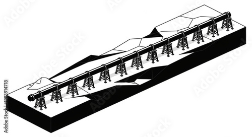 Long elevated railway trestle bridge structure model.