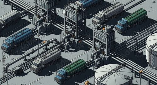 Line of industrial fuel tanker trucks parked in formation.