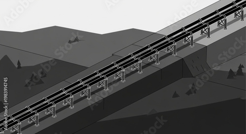 Long elevated railway viaduct carrying a moving train.