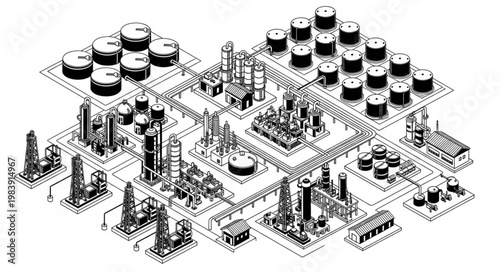 Isometric Industrial Refinery Complex Illustration Showing Plants.