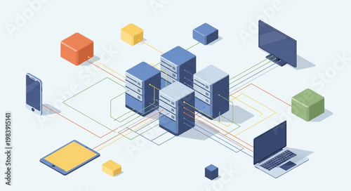 Isometric network server and connected computing devices cluster.