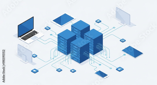 Isometric network servers and data center node cluster.