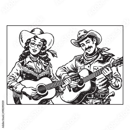 Vintage Cowboy and Cowgirl Duo Playing Acoustic Guitars
