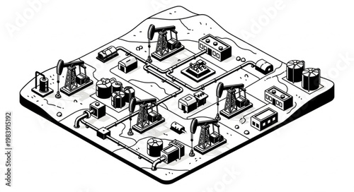 Isometric Oil Pumpjack Field Model Industrial Illustration.