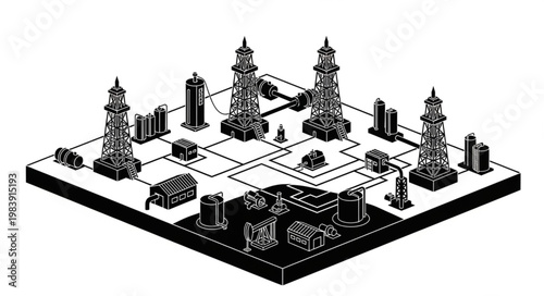 Isometric oil field with drilling rigs and pipelines.