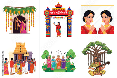 Cultural Illustrations Depicting Indian Festivals Sacred Rituals and Folk Music Performances
