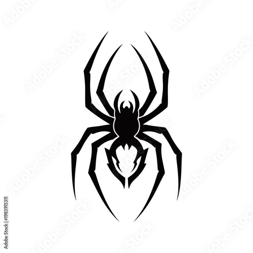 A stylized black spider silhouette with eight long, sharp legs and a detailed body.