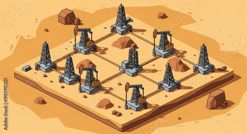 Isometric oil pumpjack rigs with mechanical pumping units.