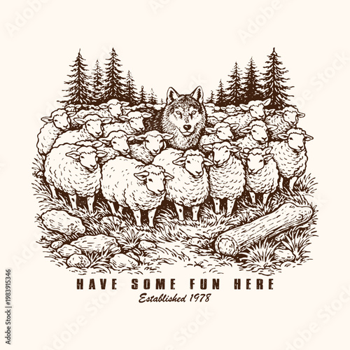 Title: Wolf in Sheep's hiding in the middle vector illustration