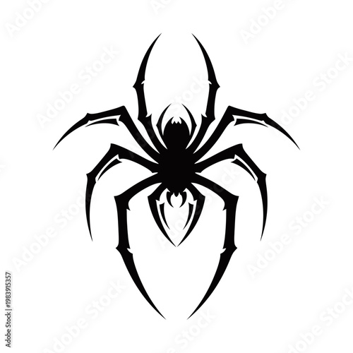 Stylized black spider graphic design with sharp legs on a white background.