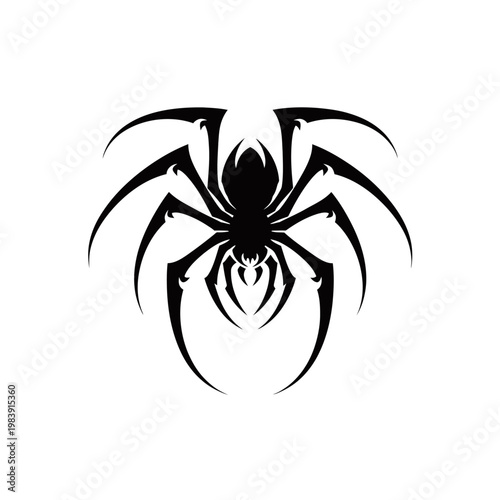 A stylized black spider with eight legs, depicted in a tribal art style against a white background.