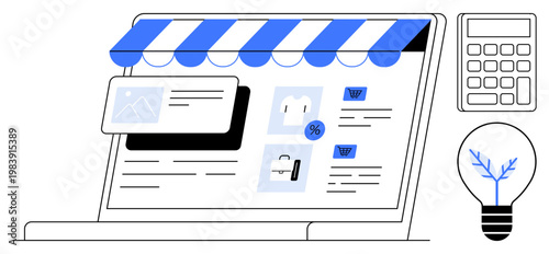 E-commerce, small business, online shopping, digital marketing, retail sales, innovation. Laptop an online store layout, calculator lightbulb. E-commerce and small business