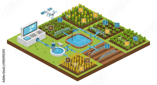 Isometric smart farm precision agriculture management system.