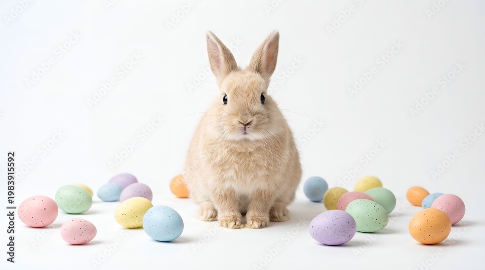 Obraz premium A cute rabbit sitting among colorful Easter eggs on a white background