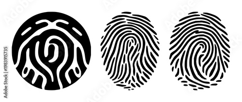 Biometric fingerprint scan loop set with solid black icon on white background featuring biometric, security, technology, health and identification