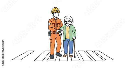 Man helping elderly woman cross street.