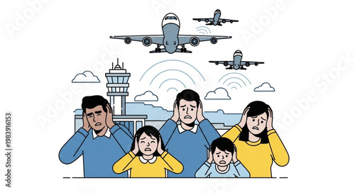 Family covering ears from airplane noise pollution near airport.